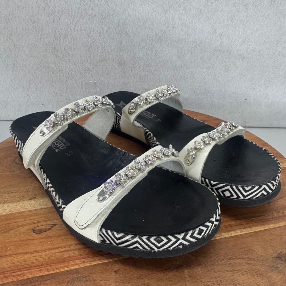 Mephisto Agave Ambre Women's‎ 8.5 White Rhinestone Sandals Comfort Footbed